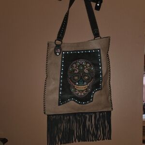 Embellished Skull Fringe Tote Bag